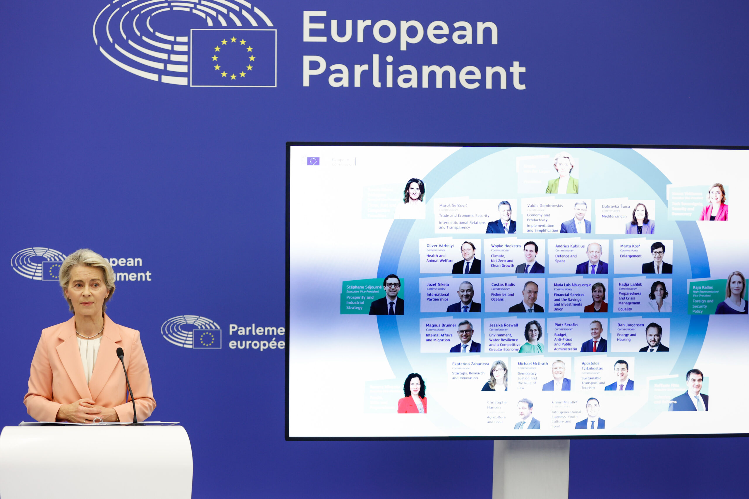 Ursula von der Leyen, president of the European Commission, at a press conference presenting the suggested structure and portfolios of the college of Commissioners after the European Elections 2024.