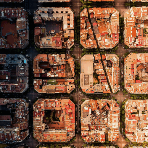 Birds-eye view of building roofs in Barcelona